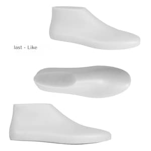 May include: Three white shoe lasts, essential tools for shoemaking. The image shows the lasts from different angles: side view, bottom view, and another side view. The text "last - Like" is visible in the image.