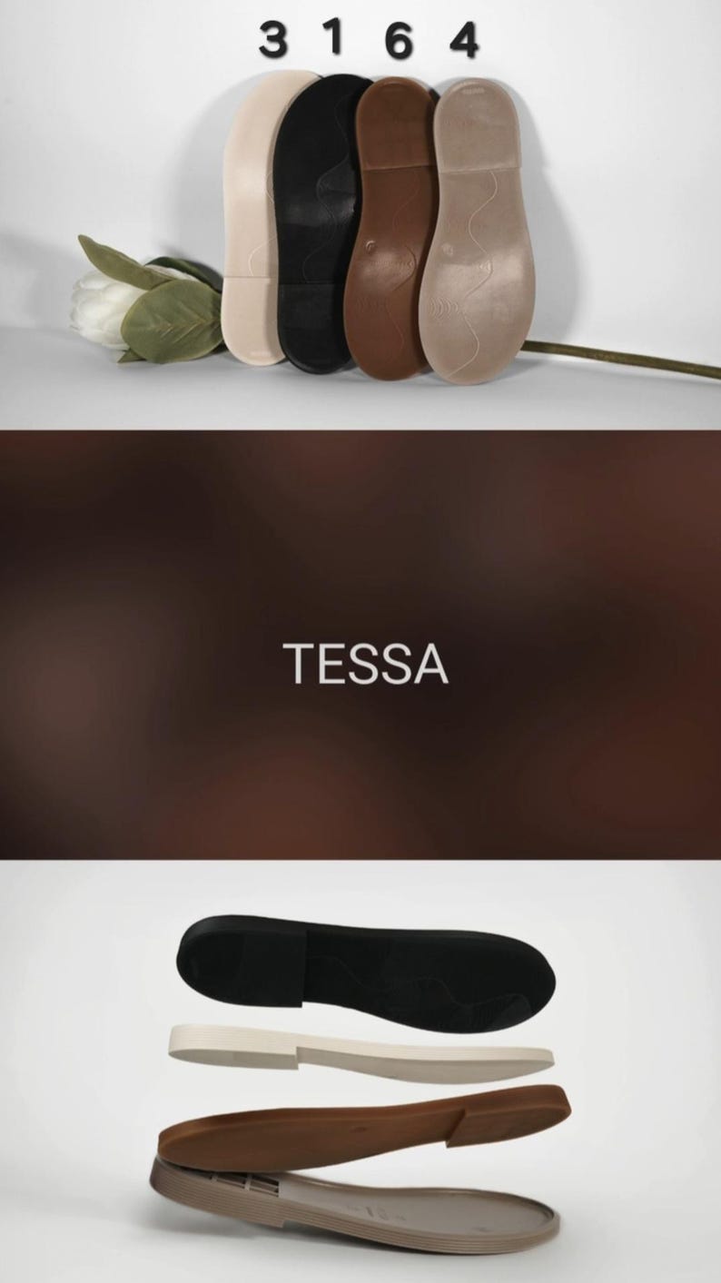 May include: Four shoe insoles in beige, black, brown, and tan. The insoles are arranged in a row with the numbers 3, 1, 6, and 4 above them. The word "TESSA" is displayed in white text on a brown background.