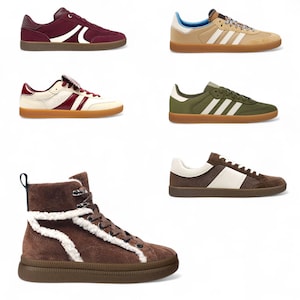 May include: Assortment of sneakers and boots in various colors. Includes burgundy, tan, white, and olive green sneakers with contrasting stripes and soles. A brown high-top boot with white faux fur trim is also featured.