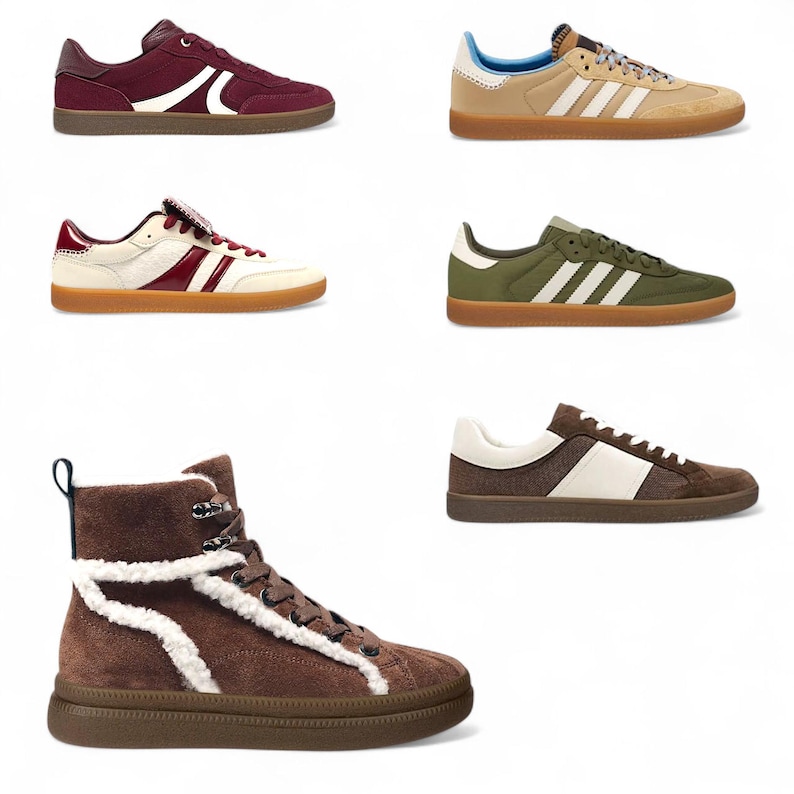 May include: Assortment of sneakers and boots in various colors. Includes burgundy, tan, white, and olive green sneakers with contrasting stripes and soles. A brown high-top boot with white faux fur trim is also featured.