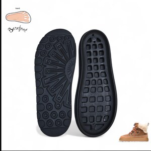 May include: Two black shoe soles with textured patterns are displayed against a white background. The soles are designed for boots, with one featuring a circular pattern and the other a grid-like design. A brown boot with fur trim is in the corner.