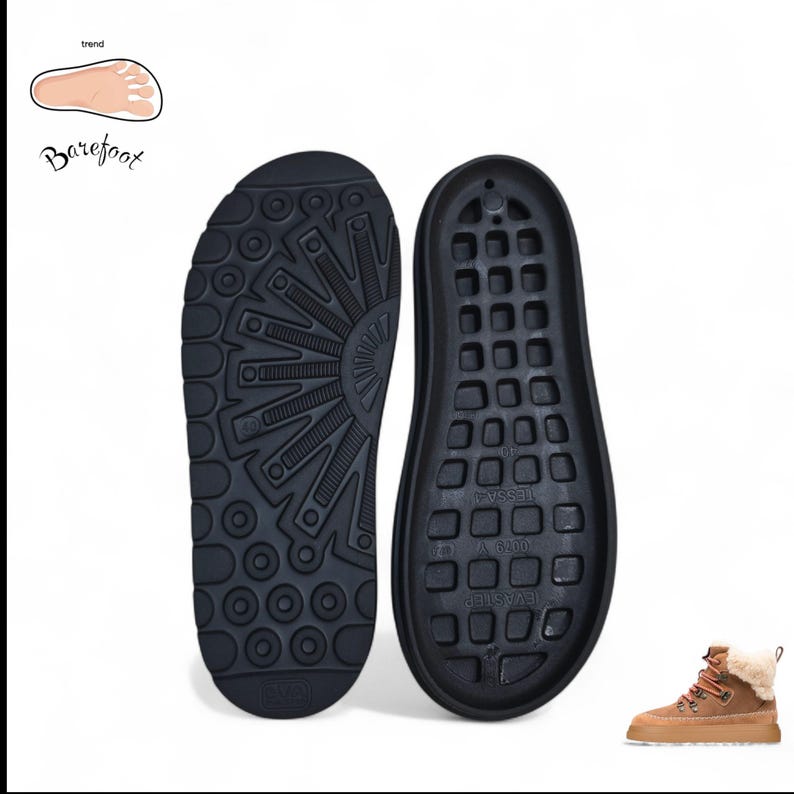 May include: Two black shoe soles with textured patterns are displayed against a white background. The soles are designed for boots, with one featuring a circular pattern and the other a grid-like design. A brown boot with fur trim is in the corner.