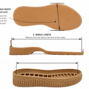 May include: Tan shoe insole with measurement labels for width and length. The text reads: "1. INSOLE WIDTH (widest part) Measure the width of the insole at the widest part. 2. INSOLE LENGTH Measure from the back to the front of the insole."