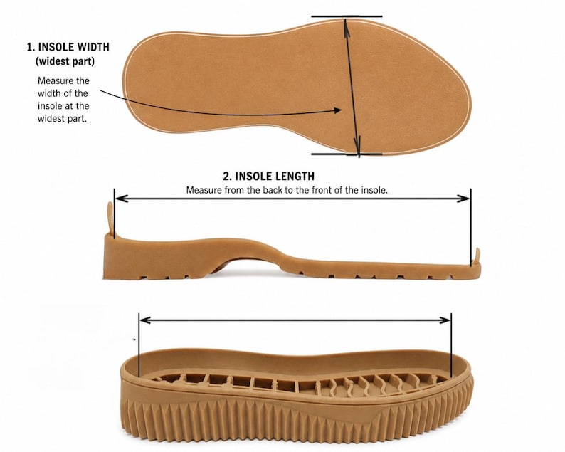 May include: Tan shoe insole with measurement labels for width and length. The text reads: "1. INSOLE WIDTH (widest part) Measure the width of the insole at the widest part. 2. INSOLE LENGTH Measure from the back to the front of the insole."