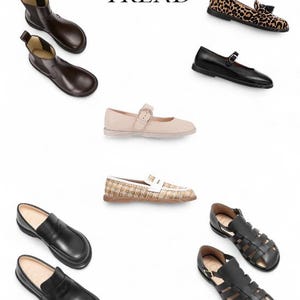 May include: An assortment of footwear, including brown ankle boots, leopard print loafers, black Mary Janes, beige buckle shoes, tweed loafers, black loafers, and black sandals. The word "TREND" is displayed in black text.