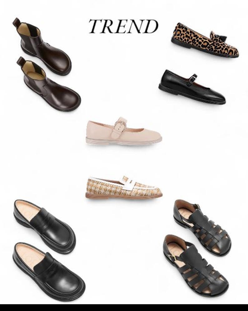 May include: An assortment of footwear, including brown ankle boots, leopard print loafers, black Mary Janes, beige buckle shoes, tweed loafers, black loafers, and black sandals. The word "TREND" is displayed in black text.
