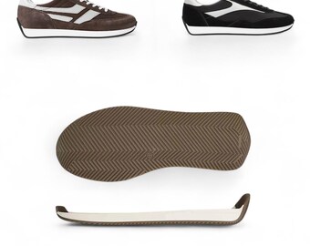 May include: Two pairs of athletic shoes, one brown and one black, with white accents. The brown shoe has a white stripe design, and the black shoe has a white stripe design. The image also shows the sole and insole of the shoe.