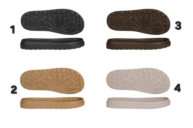 May include: Four different colored shoe soles and midsoles are displayed. The soles are black, brown, tan, and off-white. The soles have a textured pattern. The midsoles are the same colors as the soles. The image is on a white background.