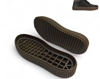 May include: Two brown shoe soles with a ridged design, showcasing the bottom of a boot. The soles are made of a durable material and are designed for traction. A high-top boot with a similar sole is shown in the corner.