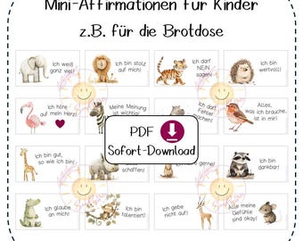 May include: A printable PDF featuring affirmations for children, with illustrations of animals like an elephant, lion, tiger, and hedgehog. The text includes phrases such as "I am proud of myself" and "I am valuable."
