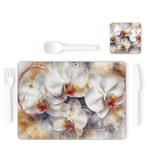 May include: White orchid flowers with red and yellow centers on a brown and white watercolor background. The flowers are arranged in a cluster and are the focal point of the image. The background is a soft, abstract design.