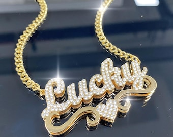 Personalized Bling Diamond Name Necklace: Double Nameplate Necklace, Custom Iced Out Jewelry Gift