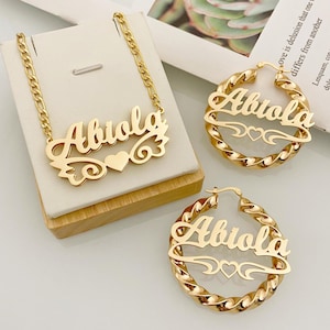 Angel Wings Name Jewelry Set, Custom Name Earrings Necklace, Name Hoop Earrings, Name Earrings Gold, Nameplate Necklace, Personalized Gift