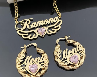 Benutzerdefinierte Baby Kinder Schmuck Set mit Flügel: Personalisierte Name Ohrring Halskette, Birthstone Schmuck Geschenk