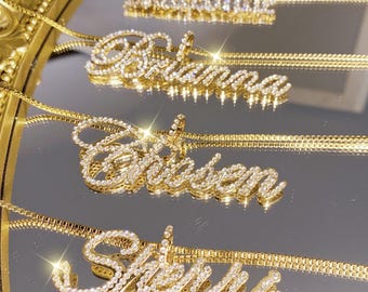 Bling Crystal Name Necklace: Diamond Nameplate, Personalized Iced Out Jewelry
