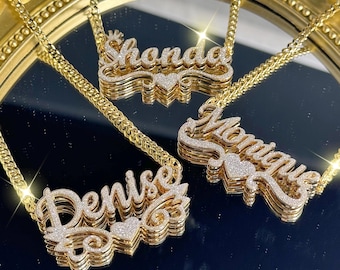 18K Gold Double Name Plate Necklace: Custom Bling Nameplate, Personalized Women Kids Jewelry Gift