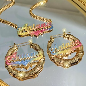 Bling Name Earrings Necklace, Custom Bamboo Earrings, Gold Name Bamboo Hoops, Nameplate Necklace,Personalized Necklace,Name Jewelry Set Gift