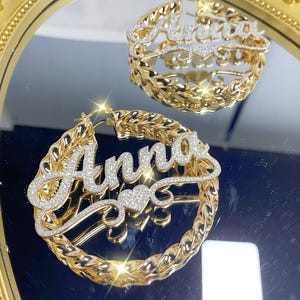 Custom Hoop Earrings, Bling Name Twist Hoop Earrings, Gold Name Earrings, Bamboo Earrings, Personalized Earring,Custom Jewelry, Gift for Her