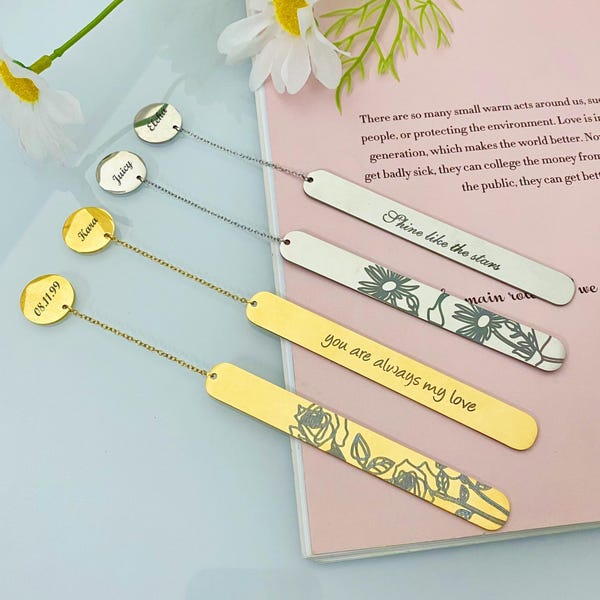 Marcapáginas personalizado con la flor de nacimiento: acero inoxidable con mensaje grabado, regalo ideal para amantes de los libros.