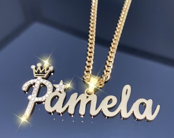Crystal Script Name Necklace:  Custom Bling Diamond Nameplate Pendant, Personalized Jewelry, Christmas Gifts