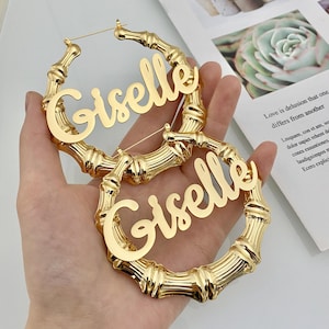 Custom Bamboo Earrings, Name Bamboo Hoops, Personalized Bamboo Earrings, Gold Name Earrings, Name Earrings, Women Jewelry Gift, Gift for Her