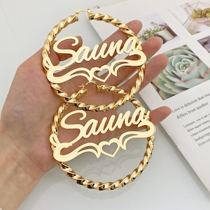 Custom Hoop Earrings, Name Earrings Hoop, Name Twist Hoops, Personalized Name Earring, Large Big Hoops, Gold Name Earrings, Gift For Mom