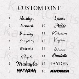 May include: A black and white image showing 16 different custom fonts, each with a number and a name. The fonts are displayed in a grid format. The names include Marilyn, Nevaeh, Serenity, Sonyeezy, Fatemia, Angela, Makayla, Natasha, Lauren, Nikki, Dream, Keysha, Dana, Danielle, Jayden, and Andrea.