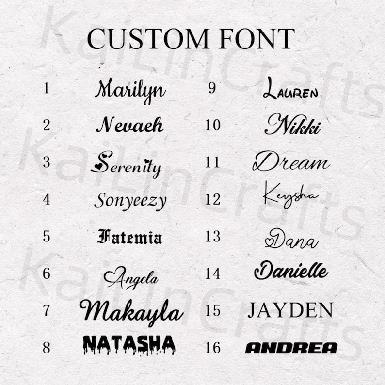 May include: A black and white image showing 16 different custom fonts, each with a number and a name. The fonts are displayed in a grid format. The names include Marilyn, Nevaeh, Serenity, Sonyeezy, Fatemia, Angela, Makayla, Natasha, Lauren, Nikki, Dream, Keysha, Dana, Danielle, Jayden, and Andrea.