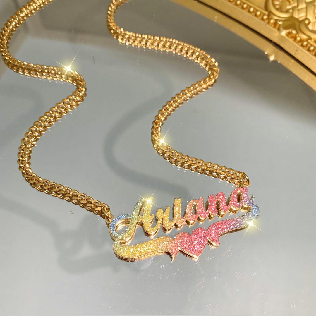 Custom Bling Name Necklace Set: Rainbow Nameplate, Gold Bamboo Hoop ...