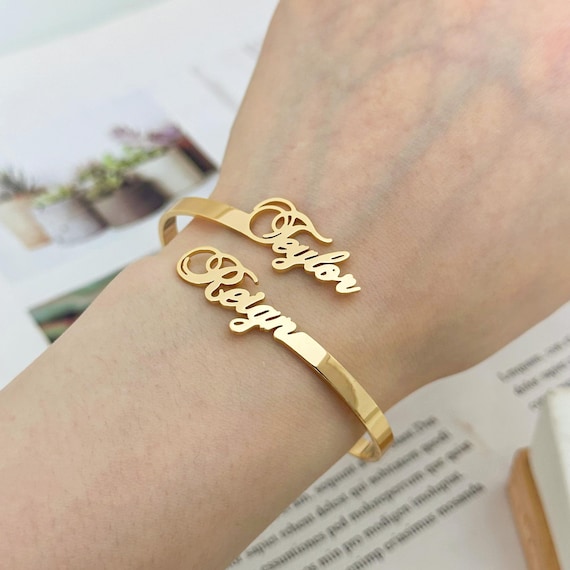 Custom Two Name Bangle, Personalized Couple Bracelet