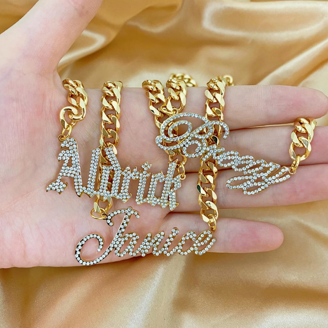 Custom Bling Name Necklace: Diamond Pave Nameplate, 8mm Cuban Chain ...