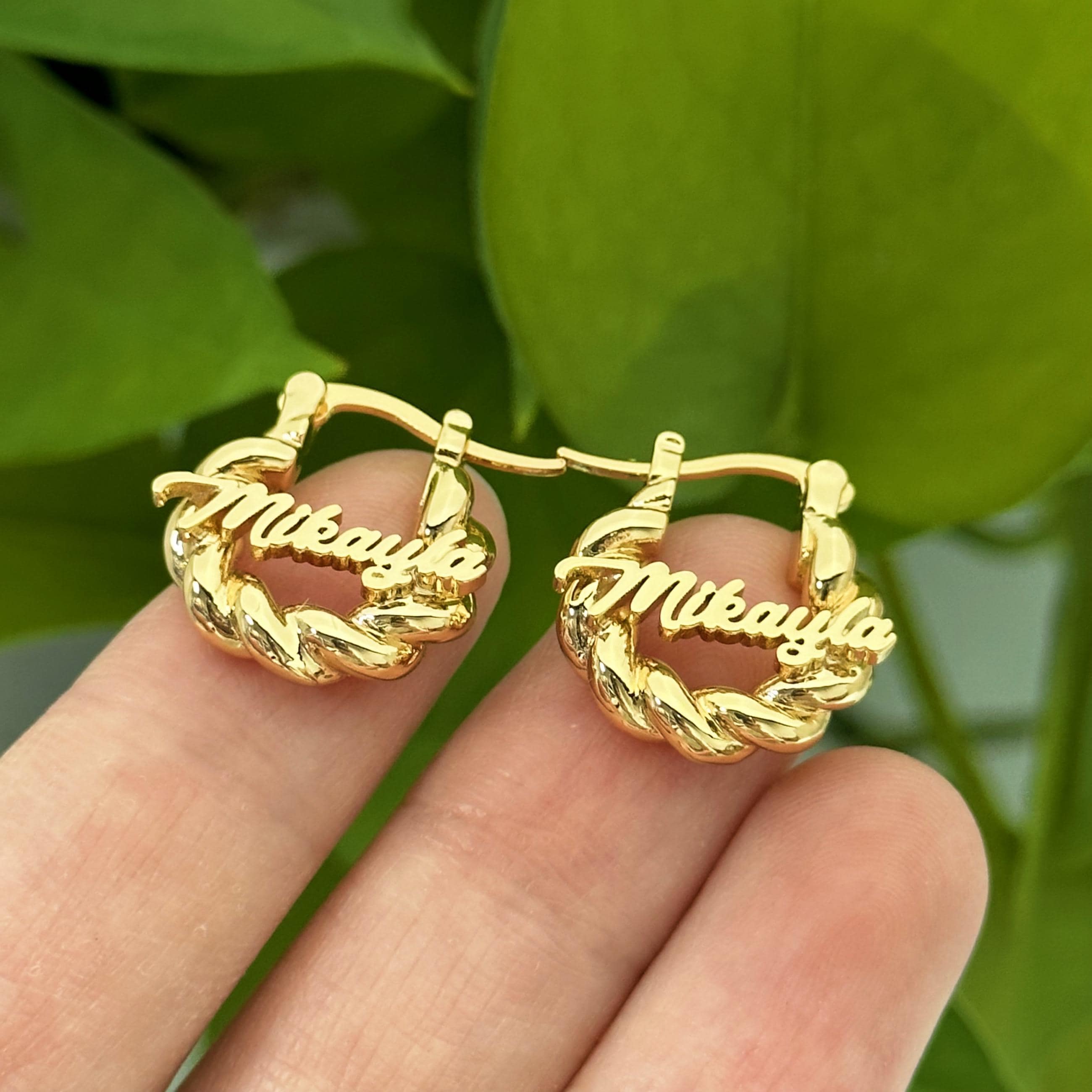 Custom Name Hoop Earrings: 18K Gold Personalized Mini Twist Hoops