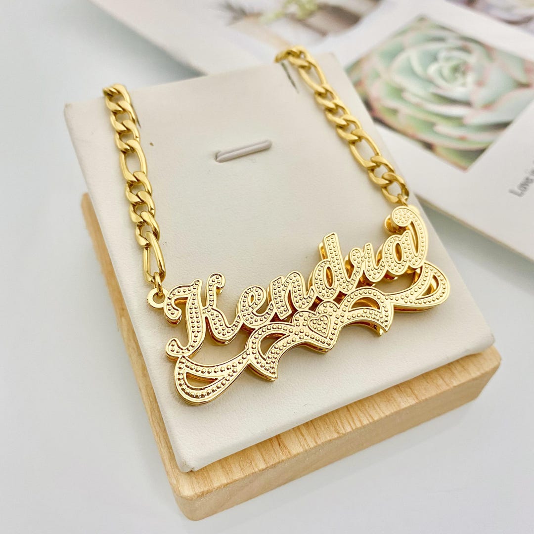 18K Gold Plated Name Necklace: Double Plate Heart, Custom Jewelry