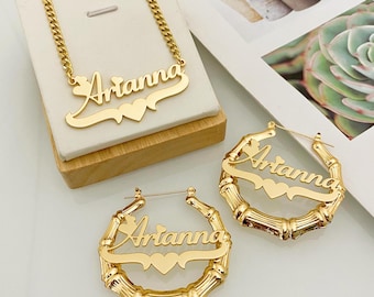 Benutzerdefinierte Name Bambus Hoop Ohrringe & Halskette Set: Personalisierter Kinder Schmuck