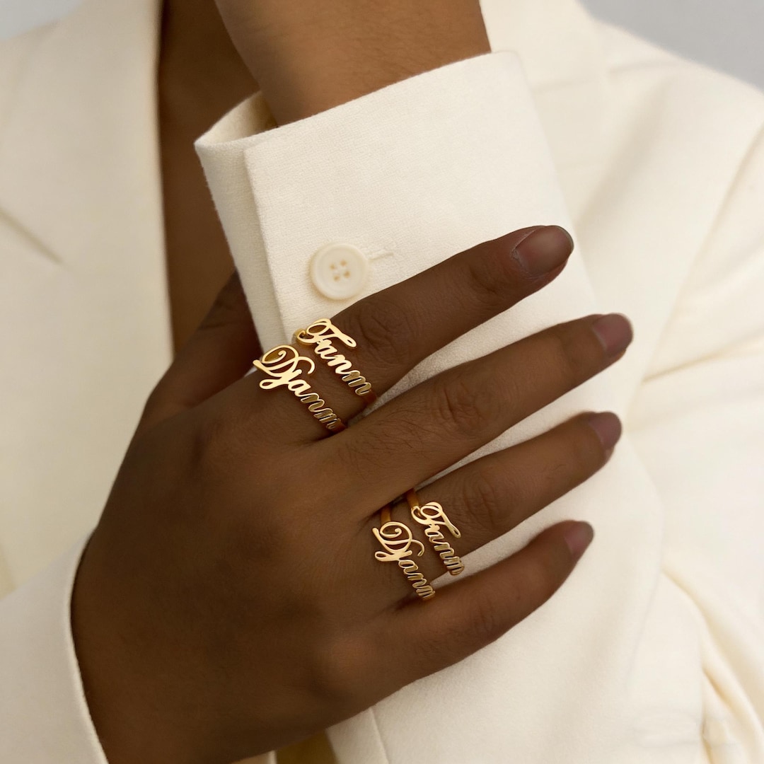 Dual Name Rings Personalized Two Name Ring 18K Gold: Double Nameplate Adjustable Ring ...