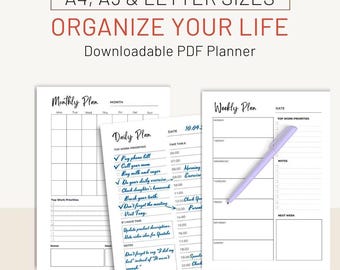 Daily, Weekly, Monthly Planner Set: Printable PDF (A4, A5, Letter)