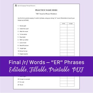 Final /r/ Words - &quot;ER&quot; Sound in Phrases Worksheet for Speech Therapy | Printable, Fillable PDF