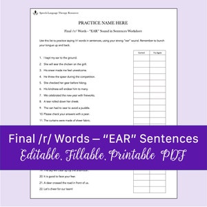 Final /r/ Words - &quot;EAR&quot; Sound in Sentences Worksheet for Speech Therapy | Printable, Fillable PDF