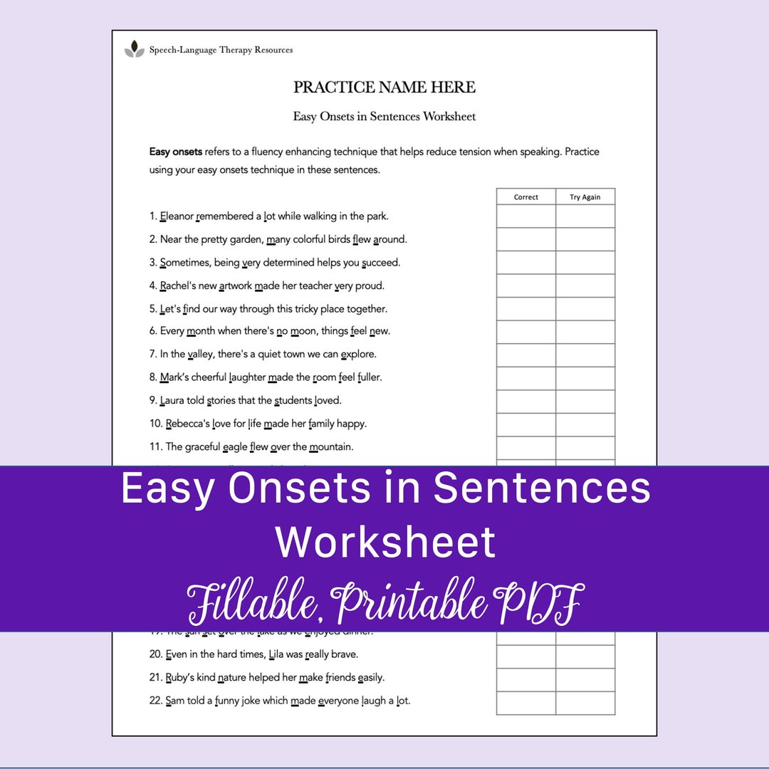Easy Onsets in Sentences Worksheet for Stuttering Speech Therapy ...