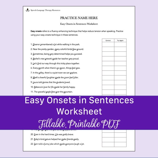 Easy Onsets in Sentences Worksheet for Stuttering Speech Therapy | Editable, Fillable, Printable PDF