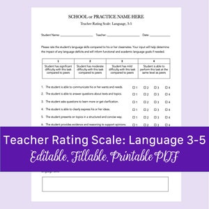 Teacher Rating Scale: Language, Grades 3-5 for Speech Therapy | Fillable PDF