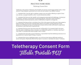 Teletherapy Consent Form for Speech Therapy (editable, Fillable ...