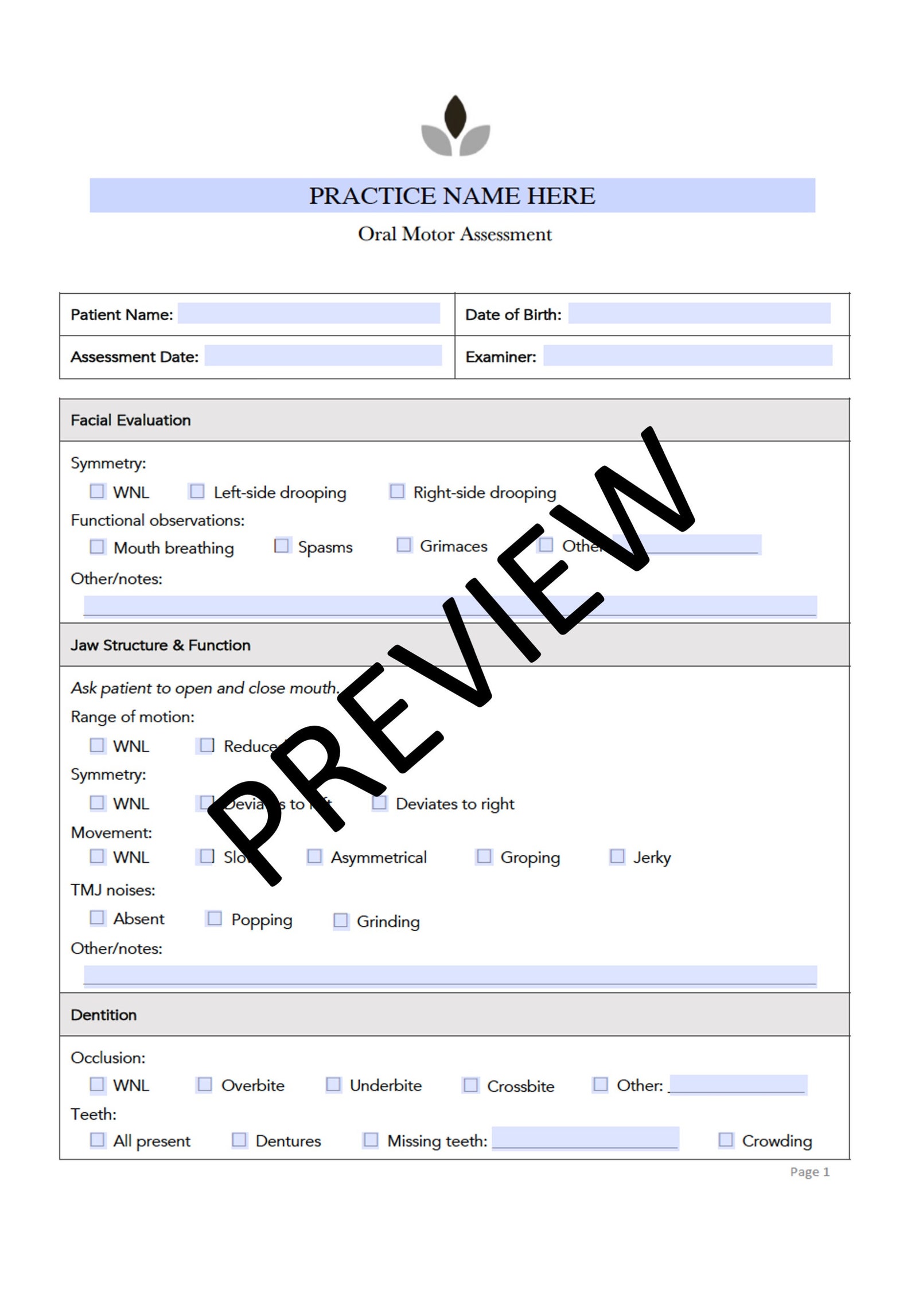 Oral Motor Assessment for Speech Therapy Fillable, Printable PDF Etsy