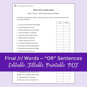 Final /r/ Words - &quot;OR&quot; Sound in Sentences Worksheet for Speech Therapy | Printable, Fillable PDF