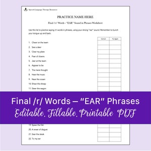 Final /r/ Words - &quot;EAR&quot; Sound in Phrases Worksheet for Speech Therapy | Printable, Fillable PDF