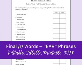 Palabras finales /r/ - Hoja de trabajo de sonido en frases "EAR" para logopedia / PDF imprimible y rellenable