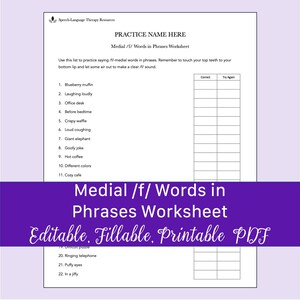 Medial /f/ Words in Phrases Worksheet for Speech Therapy | Printable, Fillable PDF