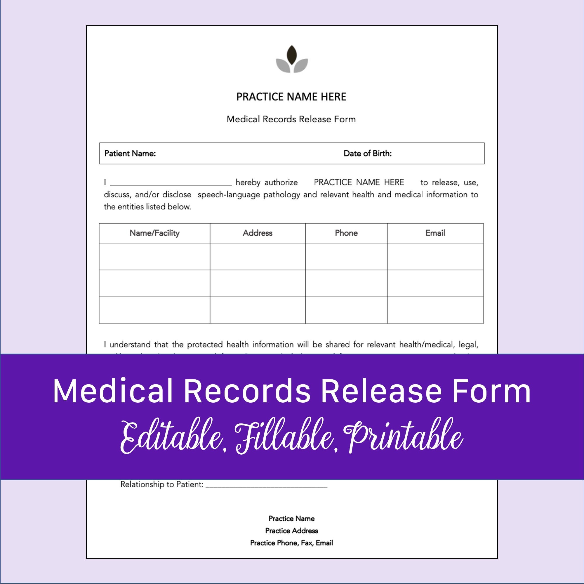 Speech therapy medical records release form editable fillable
