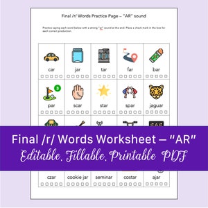Final /r/ Words - &quot;AR&quot; Sound Worksheet for Speech Therapy | Fillable PDF
