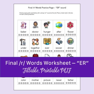 Final /r/ Words - &quot;ER&quot; Sound Worksheet for Speech Therapy | Fillable PDF